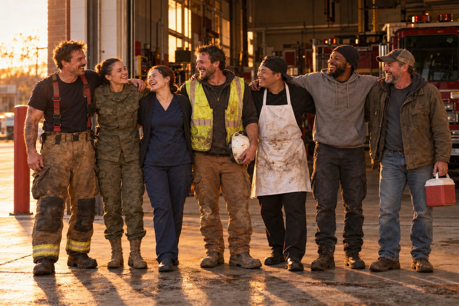 Illustration: seven workers — a firefighter, a soldier, a nurse, a construction worker, a cook, a warehouse worker and a dad — laughing together outside a firehouse at sunset
